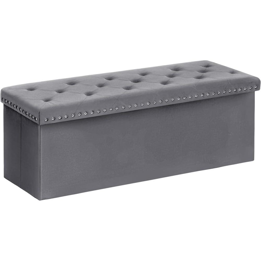 imageB FSOBEIIALEO Storage Ottoman Bench Folding Tufted Ottomans with Storage Extra Large 140L Storage Boxes Footrest Bench for Bedroom Luxury Velvet Fabric 43 Inches GreenGrey