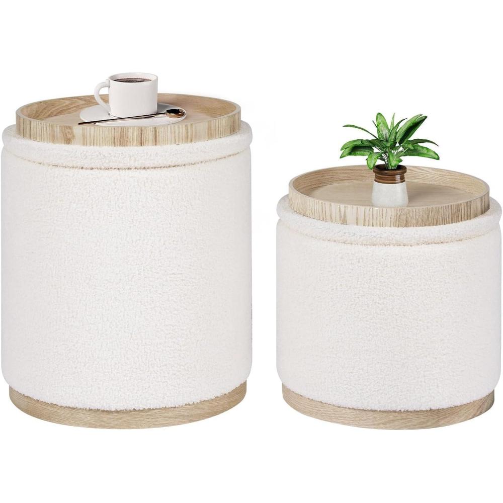 imageB FSOBEIIALEO Storage Ottoman Round Boucle Ottomans with Tray Set of 2 Teddy Foot Rest Ottoman Cube with Storage for Living Room  Apricot 15quotx15quotx169quotWhite