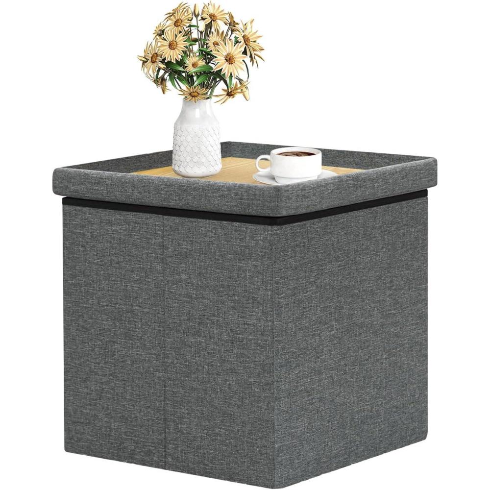 imageB FSOBEIIALEO Storage Ottoman with Tray Linen Coffee Table Folding Long Shoes Bench Footstool Dark Grey 30quotx1574quotx15quotGreysquare