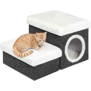 B FSOBEIIALEO Cat House Pet Stairs for Beds Sofa, Foldable Dog Steps 2-Tier With Storage Toy Box, Small Indoor Pet Steps Grey 15.7×12.6×12.6 Inches(Grey)