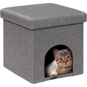 B FSOBEIIALEO Cat Ottoman House Cube for Indoor, Folding Cats Houses Condos Cat Cave, Foot Stool Padded Seat Linen Grey 12.6″