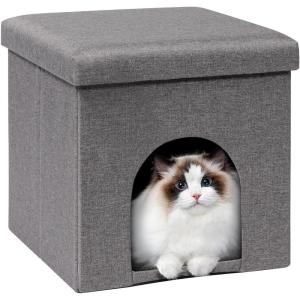 B FSOBEIIALEO Cat Ottoman House Cube for Indoor, Folding Cats Houses Condos Cat Cave, Foot Stool Padded Seat Linen Grey 15.7″