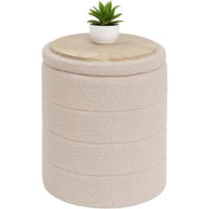 B FSOBEIIALEO Ottoman with Stroage, Round Sherpa Storage Ottoman Stool, Boucle Foot Rest22 x 22″x15.75″ (Pink(Beige)