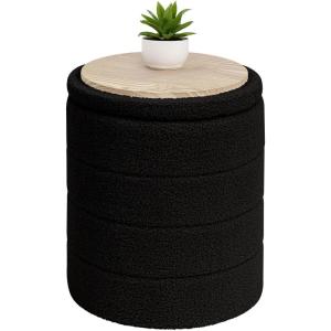B FSOBEIIALEO Ottoman with Stroage, Round Sherpa Storage Ottoman Stool, Boucle Foot Rest22 x 22″x15.75″ (Pink(Black)