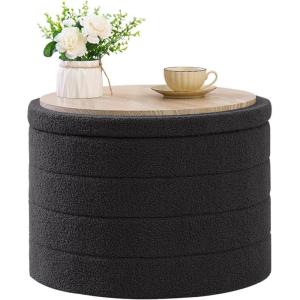B FSOBEIIALEO Ottoman with Stroage, Round Sherpa Storage Ottoman Stool, Boucle Foot Rest22 x 22″x15.75″ (Pink(Dark Grey)