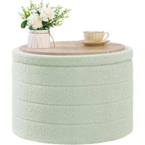 B FSOBEIIALEO Ottoman with Stroage, Round Sherpa Storage Ottoman Stool, Boucle Foot Rest22 x 22″x15.75″ (Pink(Green)