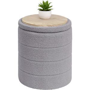 B FSOBEIIALEO Ottoman with Stroage, Round Sherpa Storage Ottoman Stool, Boucle Foot Rest22 x 22″x15.75″ (Pink(Grey)