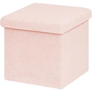B FSOBEIIALEO Small Storage Ottoman Cube Sherpa Ottomans Foot Rest, Foldable Boucle Ottoman, Faux Teddy Fur, Cream White 12.6″x12.6″x12.6″(Pink)