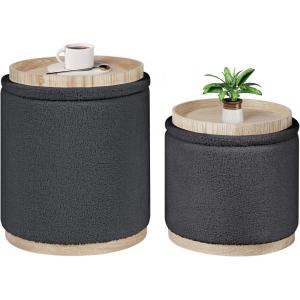 B FSOBEIIALEO Storage Ottoman Round Boucle Ottomans with Tray, Set of 2 Teddy Foot Rest Ottoman Cube with Storage for Living Room , Apricot 15″x15″x16.9″(Dark Grey)