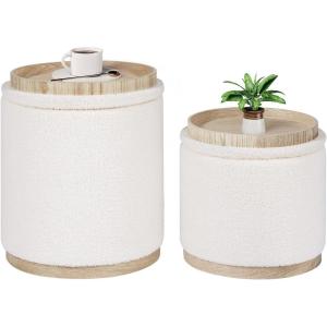 B FSOBEIIALEO Storage Ottoman Round Boucle Ottomans with Tray, Set of 2 Teddy Foot Rest Ottoman Cube with Storage for Living Room , Apricot 15″x15″x16.9″(White)