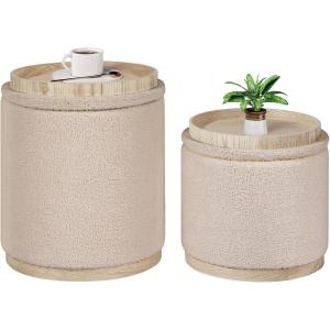 B FSOBEIIALEO Storage Ottoman Round Boucle Ottomans with Tray, Set of 2 Teddy Foot Rest Ottoman Cube with Storage for Living Room , Apricot 15″x15″x16.9″(Apricot)