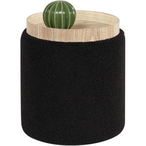 B FSOBEIIALEO Storage Ottoman Round Boucle Ottomans with Tray, Teddy Foot Rest Ottoman Cube with Storage for Living Room, Black 13.5″x13.5″x15″