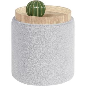 B FSOBEIIALEO Storage Ottoman Round Boucle Ottomans with Tray, Teddy Foot Rest Ottoman Cube with Storage for Living Room, Grey 13.5″x13.5″x15″