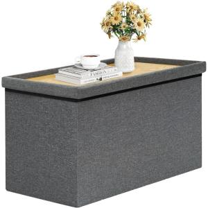 B FSOBEIIALEO Storage Ottoman with Tray, Linen Coffee Table Folding Long Shoes Bench Footstool, Dark Grey 30″x15.74″x15″(Grey-rectangle)