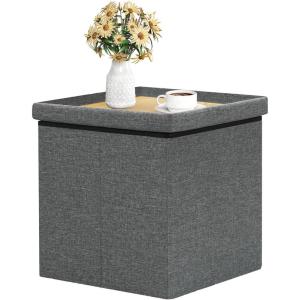 B FSOBEIIALEO Storage Ottoman with Tray, Small Ottomans Cube Folding Coffee Table Foot Stool Footrest Seat, Dark Grey Linen 16″X15.7″x15″(Grey-square)