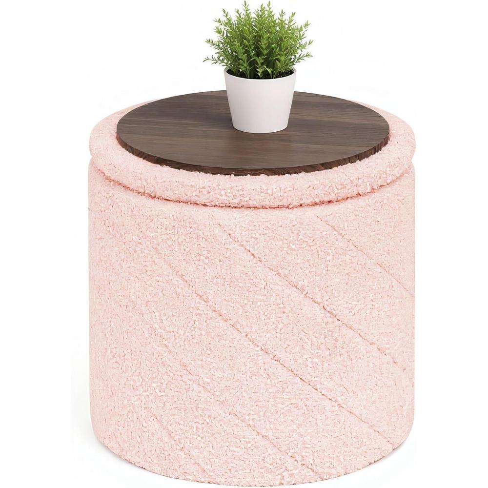 imageB FSOBEIIALEO Ottoman with Stroage Boucle Round Storage Ottoman with Tray Foot Rest Stool for Dorm Room Living Room White 1693quotx1693quotx1772quotPink