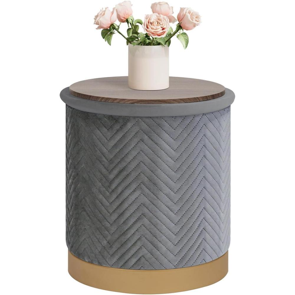 imageB FSOBEIIALEO Ottoman with Stroage Round Velvet Storage Ottoman with Gold Plating BaseFoot Rest Stool for Dorm Room Living Room White 1476quotx1476quotx1636quotGrey