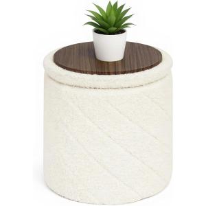 B FSOBEIIALEO Ottoman with Stroage, Boucle Round Storage Ottoman with Tray, Foot Rest Stool for Dorm Room, Living Room White, 16.93″x16.93″x17.72″(White)