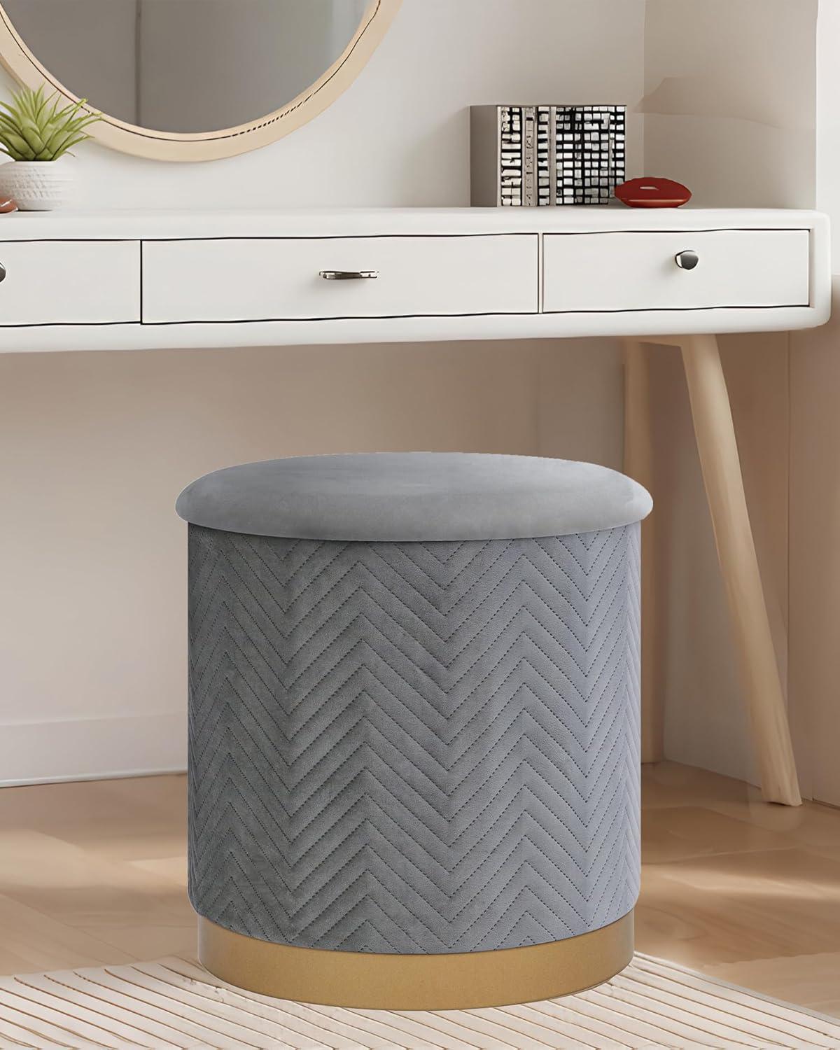 imageB FSOBEIIALEO Ottoman with Stroage Round Velvet Storage Ottoman with Gold Plating BaseFoot Rest Stool for Dorm Room Living Room Grey 1673quotx1673quotx1772quotGrey
