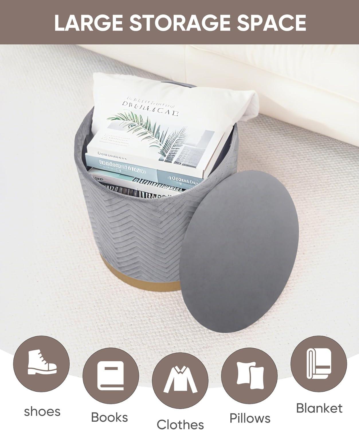 imageB FSOBEIIALEO Ottoman with Stroage Round Velvet Storage Ottoman with Gold Plating BaseFoot Rest Stool for Dorm Room Living Room Grey 1673quotx1673quotx1772quotGrey