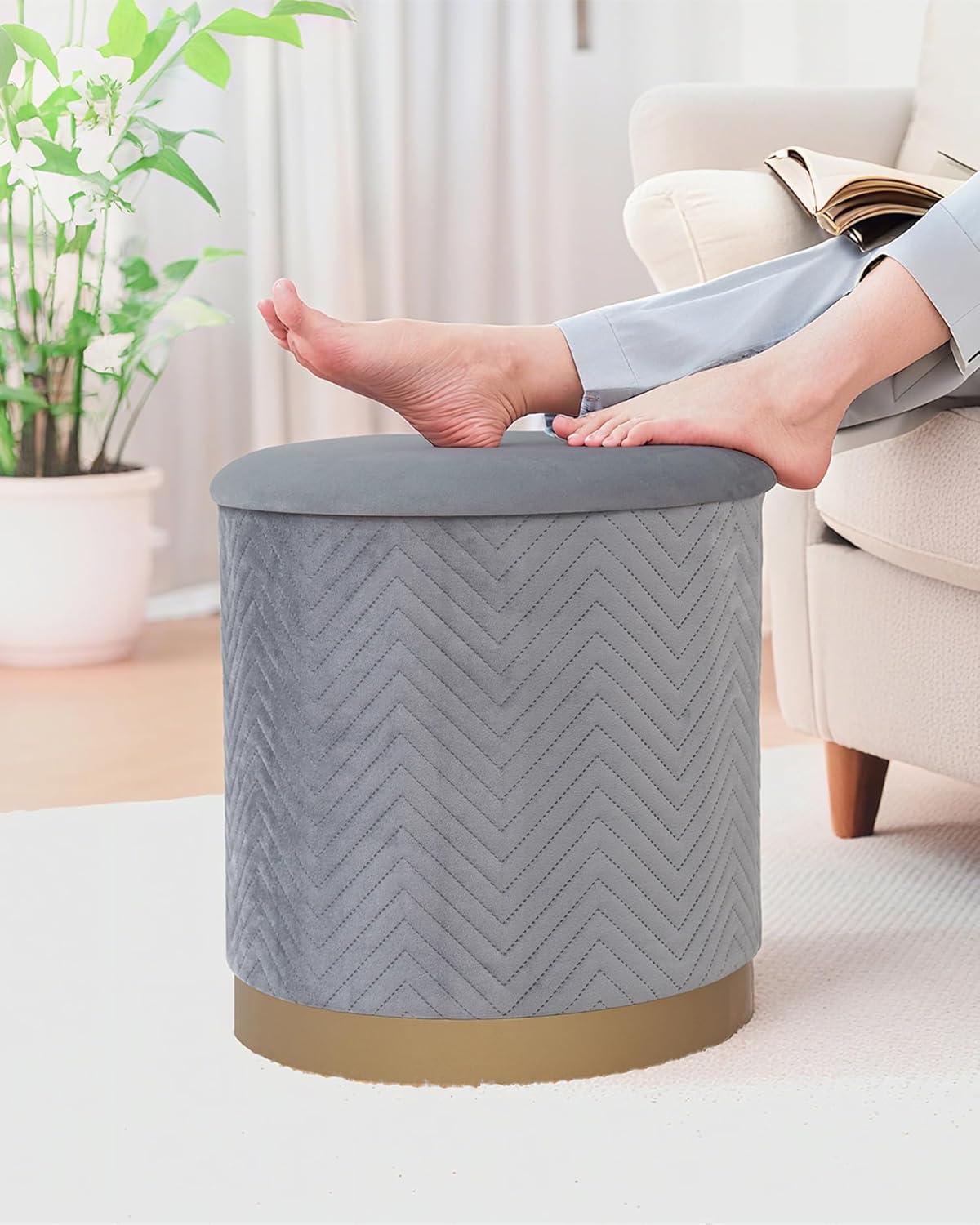 imageB FSOBEIIALEO Ottoman with Stroage Round Velvet Storage Ottoman with Gold Plating BaseFoot Rest Stool for Dorm Room Living Room Grey 1673quotx1673quotx1772quotGrey
