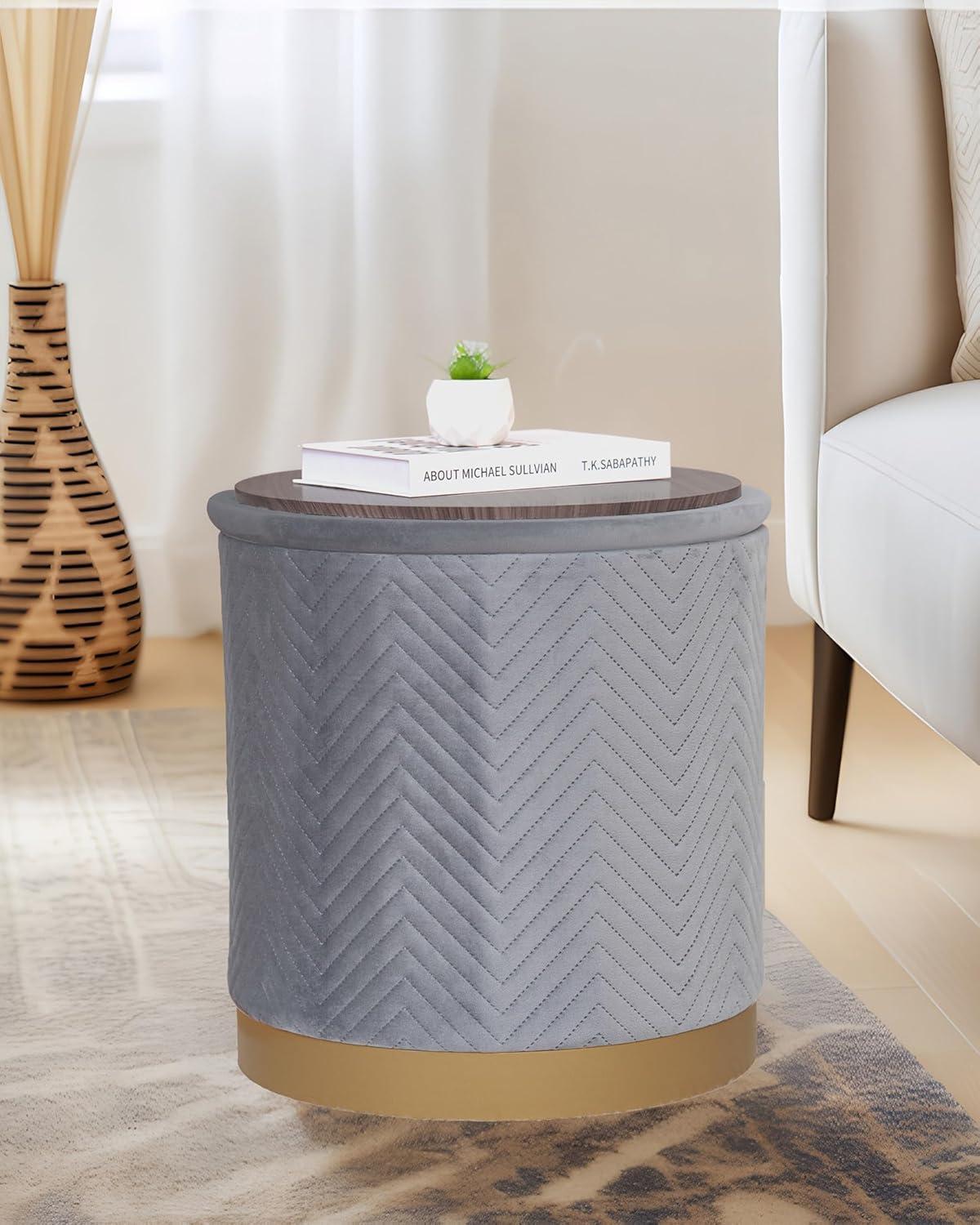 imageB FSOBEIIALEO Ottoman with Stroage Round Velvet Storage Ottoman with Gold Plating BaseFoot Rest Stool for Dorm Room Living Room Grey 1673quotx1673quotx1772quotGrey