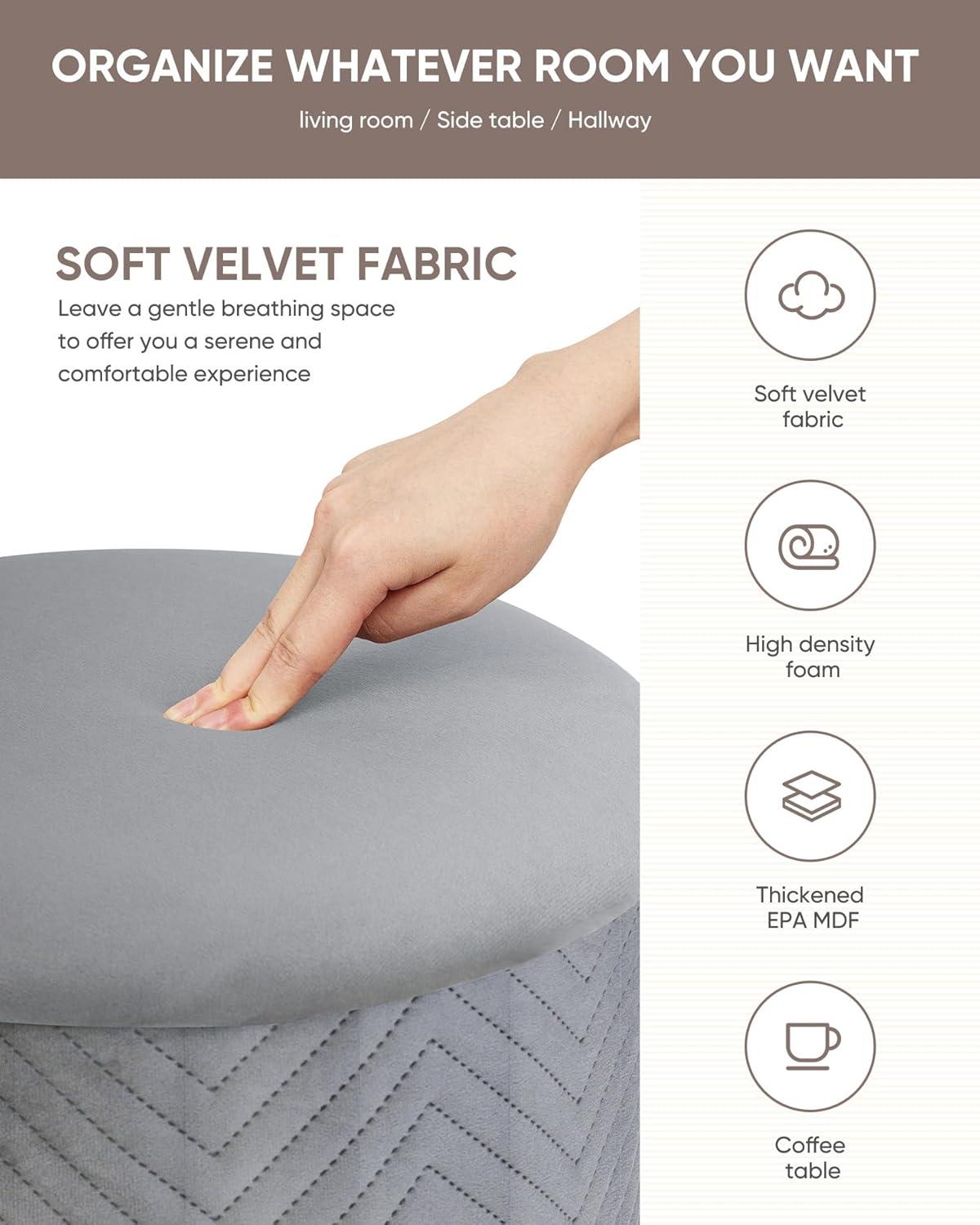 imageB FSOBEIIALEO Ottoman with Stroage Round Velvet Storage Ottoman with Gold Plating BaseFoot Rest Stool for Dorm Room Living Room Grey 1673quotx1673quotx1772quotGrey