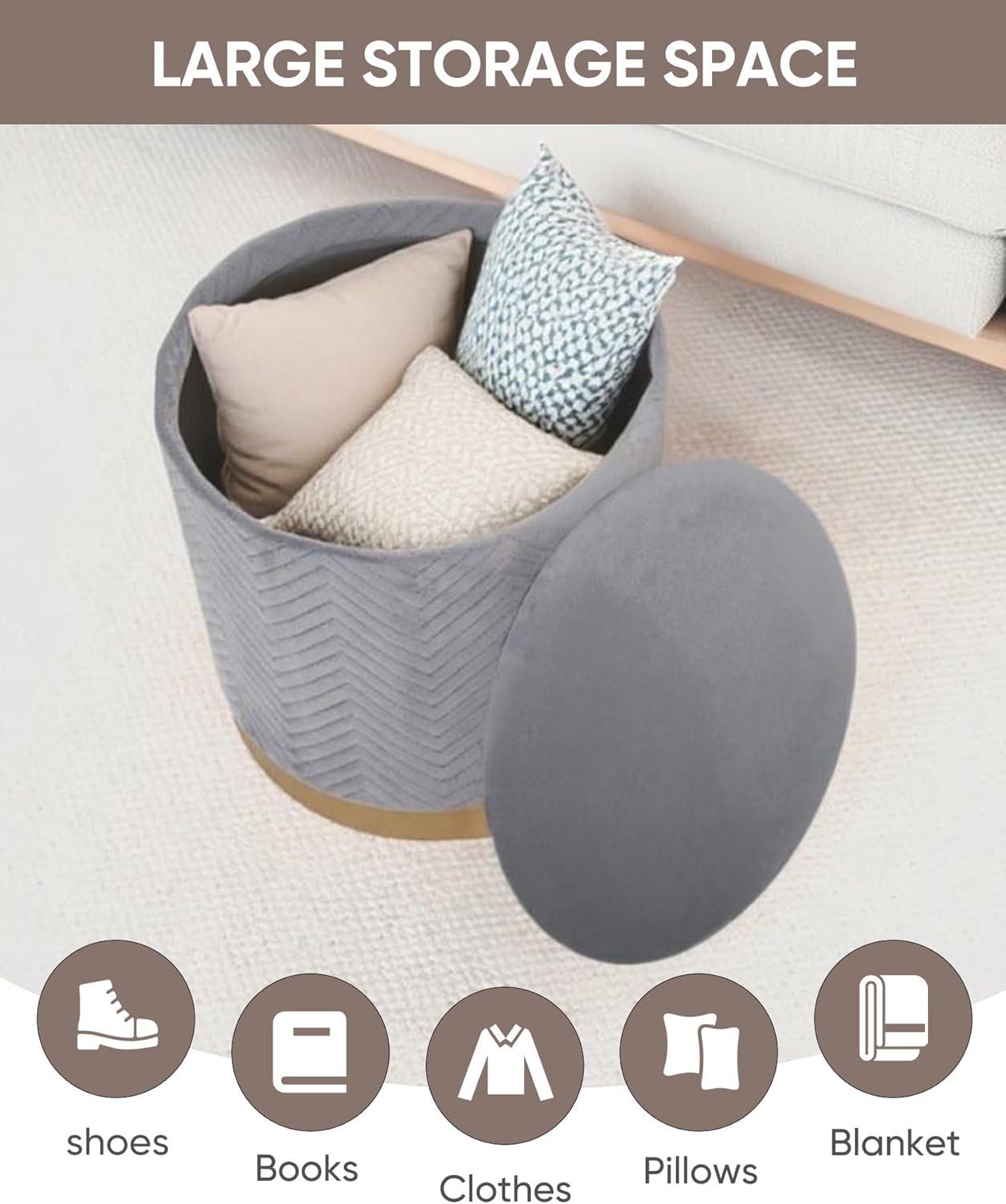 imageB FSOBEIIALEO Ottoman with Stroage Round Velvet Storage Ottoman with Gold Plating BaseFoot Rest Stool for Dorm Room Living Room Grey 1673quotx1673quotx1772quotGrey