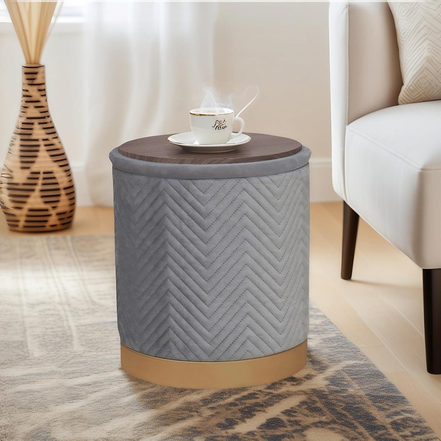 imageB FSOBEIIALEO Ottoman with Stroage Round Velvet Storage Ottoman with Gold Plating BaseFoot Rest Stool for Dorm Room Living Room Grey 1673quotx1673quotx1772quotGrey