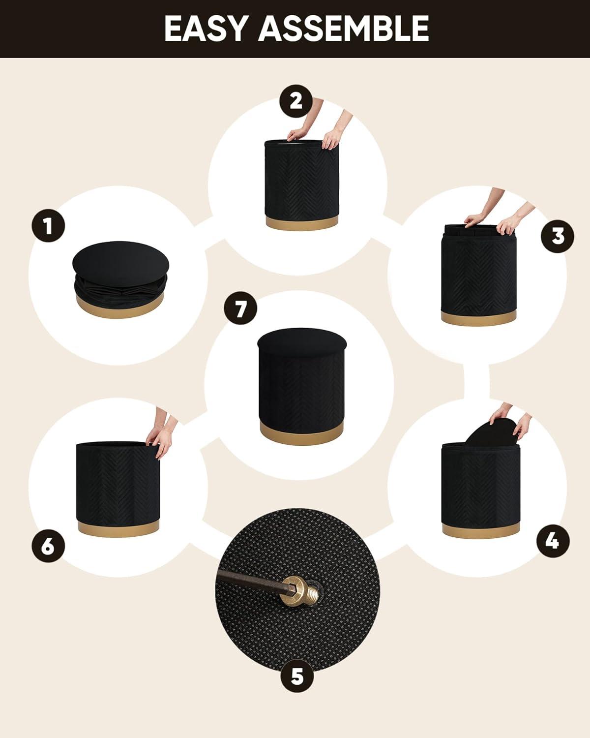 imageB FSOBEIIALEO Ottoman with Stroage Round Velvet Storage Ottoman with Gold Plating BaseFoot Rest Stool for Dorm Room Living Room Grey 1673quotx1673quotx1772quotBlack