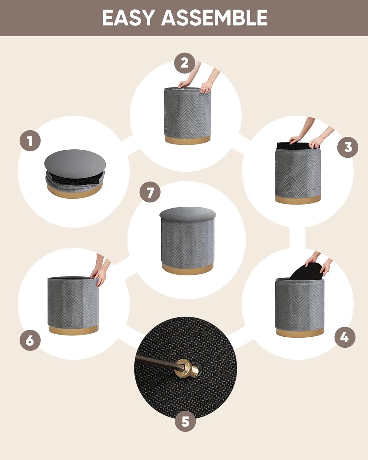 imageB FSOBEIIALEO Ottoman with Stroage Round Velvet Storage Ottoman with Gold Plating BaseFoot Rest Stool for Dorm Room Living Room Grey 1673quotx1673quotx1772quotGrey