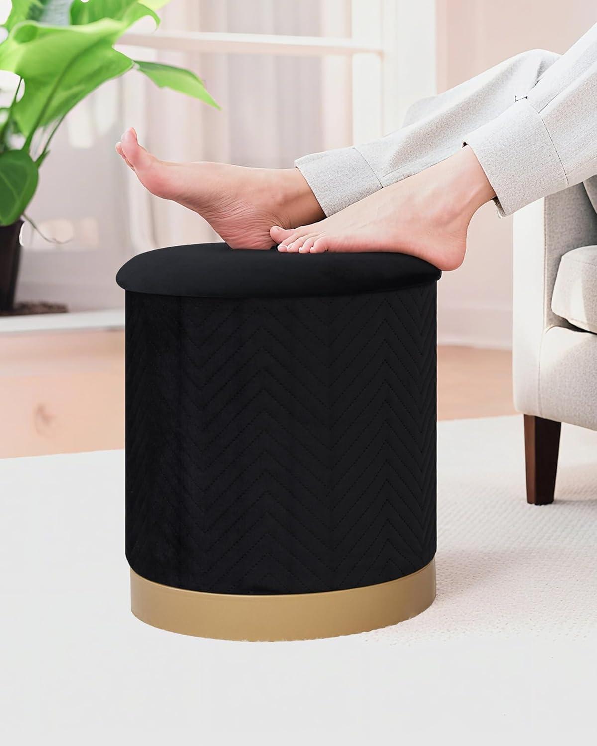 imageB FSOBEIIALEO Ottoman with Stroage Round Velvet Storage Ottoman with Gold Plating BaseFoot Rest Stool for Dorm Room Living Room Grey 1673quotx1673quotx1772quotBlack