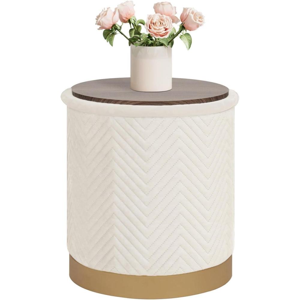 imageB FSOBEIIALEO Ottoman with Stroage Round Velvet Storage Ottoman with Gold Plating BaseFoot Rest Stool for Dorm Room Living Room Grey 1673quotx1673quotx1772quotWhite