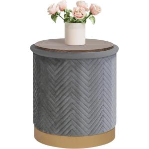 B FSOBEIIALEO Ottoman with Stroage, Round Velvet Storage Ottoman with Gold Plating Base,Foot Rest Stool for Dorm Room, Living Room Grey, 16.73″x16.73″x17.72″(Grey)