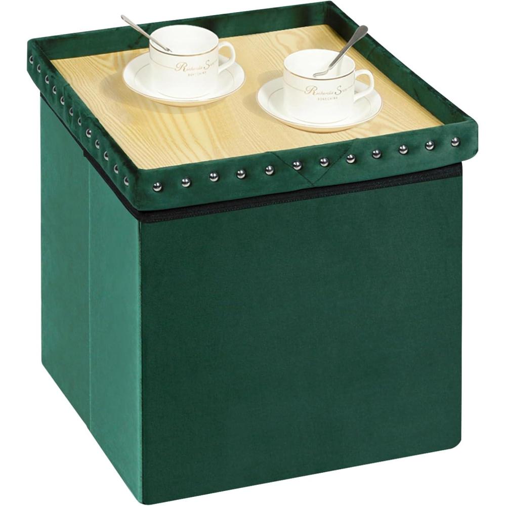 imageB FSOBEIIALEO StorageOttoman CubeFolding Tufted  Ottomans with Storage Coffee Table Top Cover Footrest Stool for Bedroom Luxury Velvet Fabric 157 Inches BlackGreen