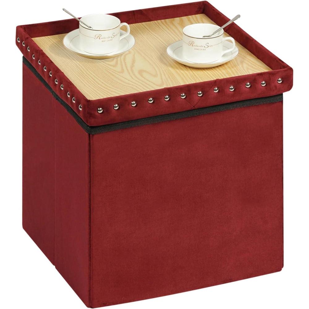 imageB FSOBEIIALEO StorageOttoman CubeFolding Tufted  Ottomans with Storage Coffee Table Top Cover Footrest Stool for Bedroom Luxury Velvet Fabric 157 Inches BlackRed