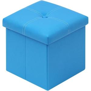 B FSOBEIIALEO Folding Storage Ottoman, Faux Leather Footrest Seat Coffee Table Toy Chest Kids, White 16.5″x12.6″x12.6″(Blue)