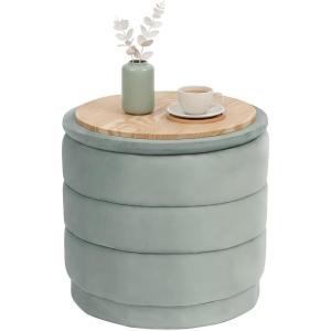 B FSOBEIIALEO Round Velvet Storage Ottoman with Tray, Folding Ottoman with Storage Coffee Table Foot Rest for Dorm Room, Living Room Sage, 22.83″x22.83″x17.32″(Sage)
