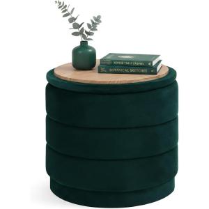B FSOBEIIALEO Round Velvet Storage Ottoman with Tray, Folding Ottoman with Storage Coffee Table Foot Rest for Dorm Room, Living Room Sage, 22.83″x22.83″x17.32″(Black)
